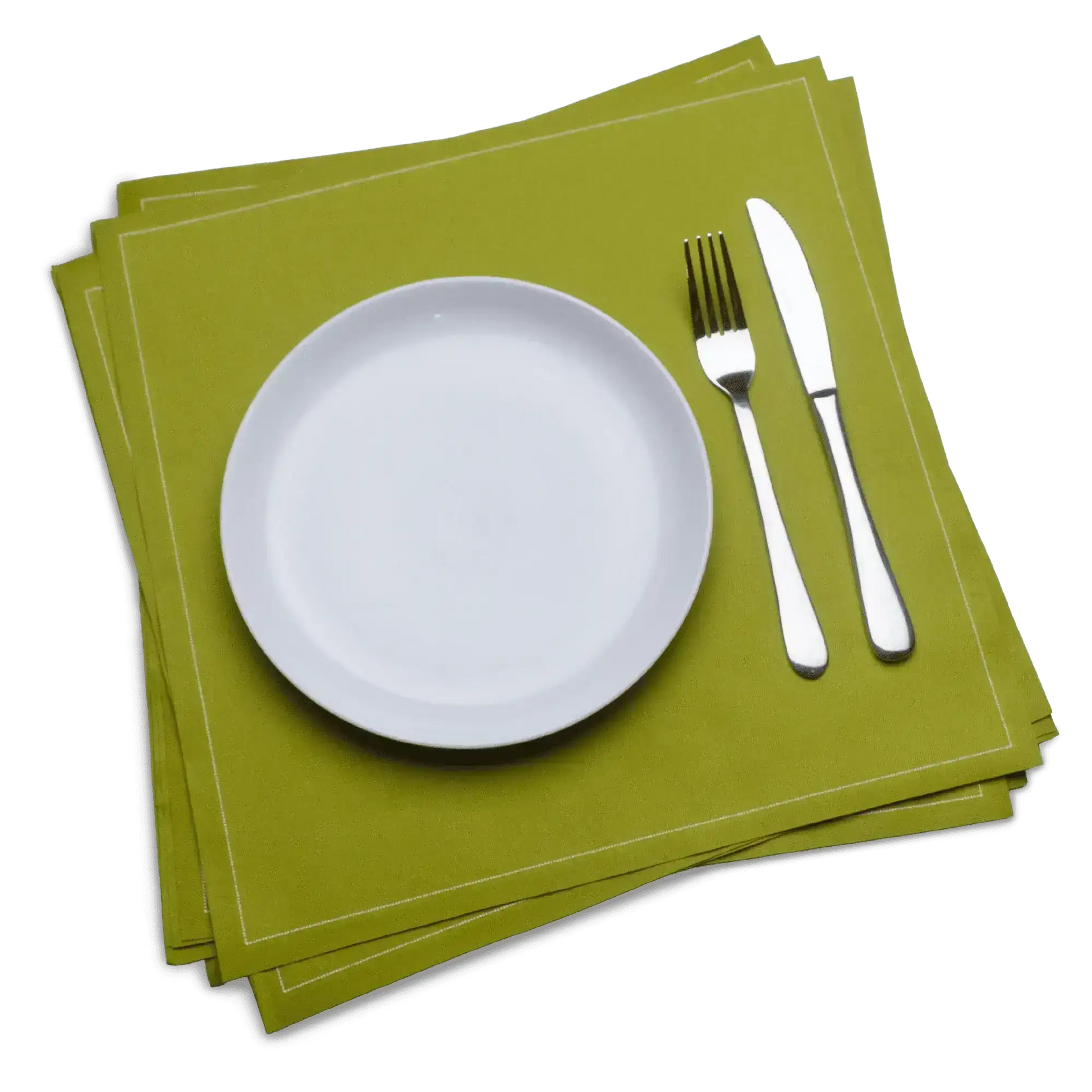 Luxury organic cotton pear green dinner napkins with white plate, fork and knife