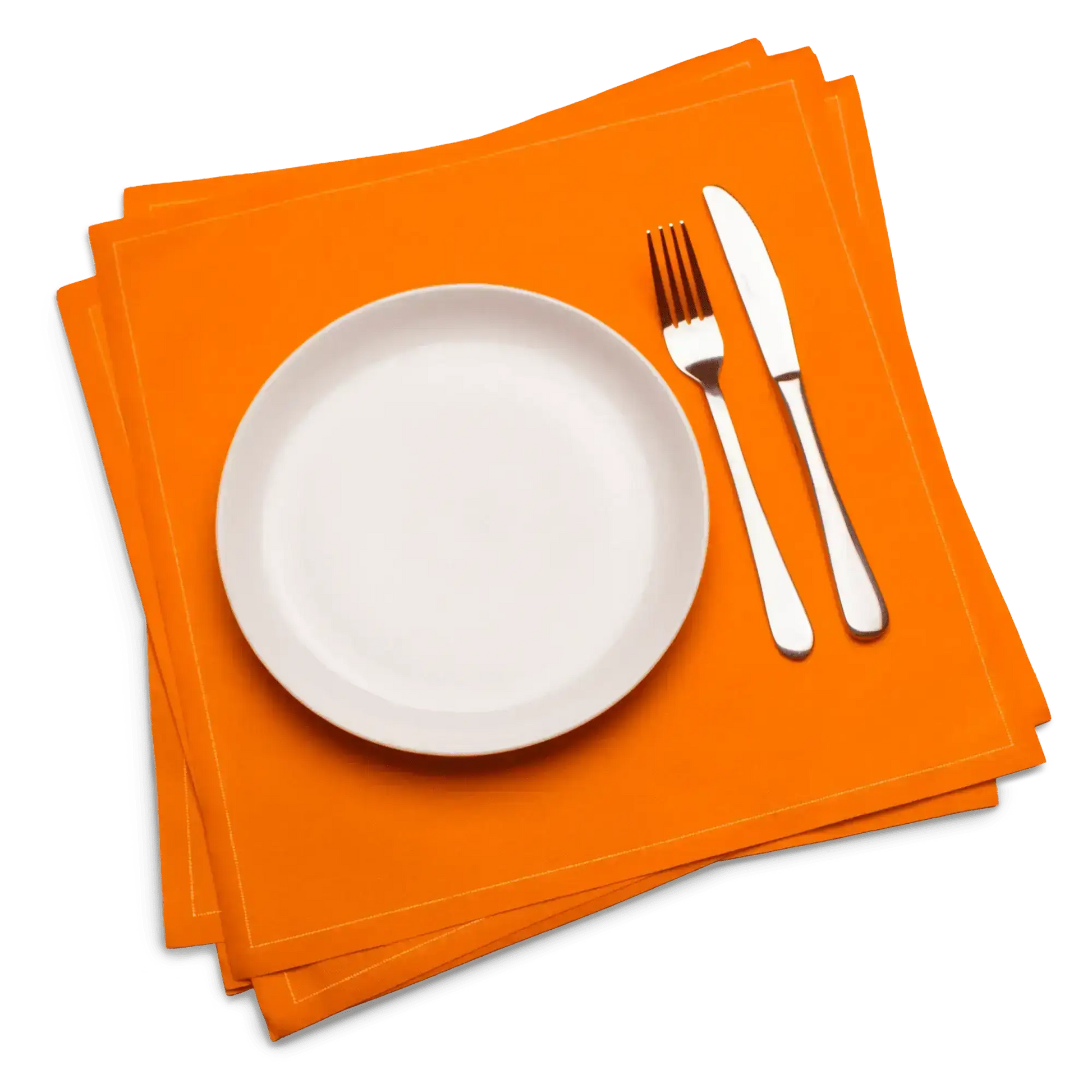 Set of orange cotton dinner napkins with white plate, fork, and knife, luxury table setting