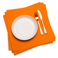 Set of orange cotton dinner napkins with white plate, fork, and knife, luxury table setting