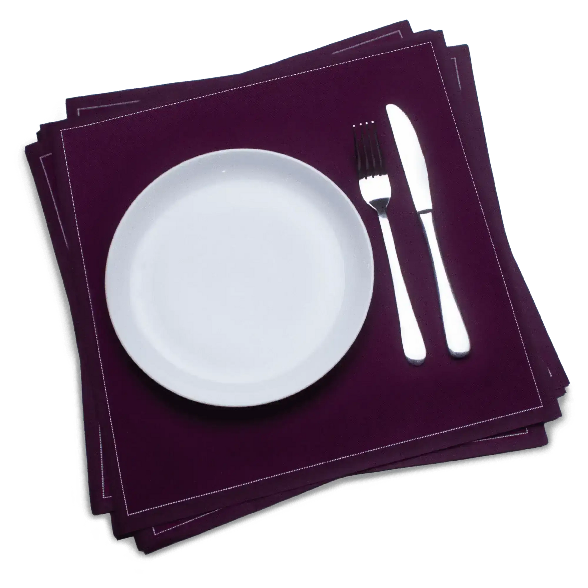 Plum organic cotton dinner napkins with white plate, fork, and knife by Five Star Napkins