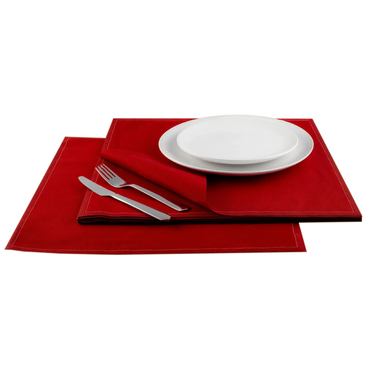 Luxury red cotton placemat and napkin set with white plates and silver cutlery