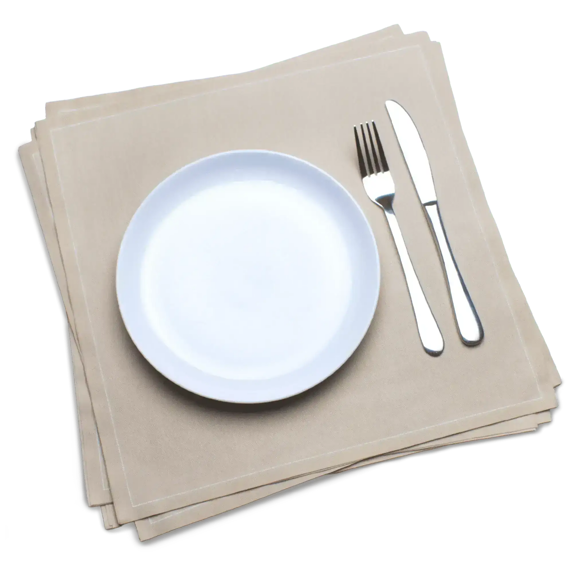 Luxury sand cotton dinner napkins with a white plate, fork, and knife from Five Star Napkins