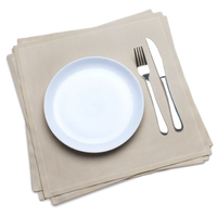 Luxury sand cotton dinner napkins with a white plate, fork, and knife from Five Star Napkins