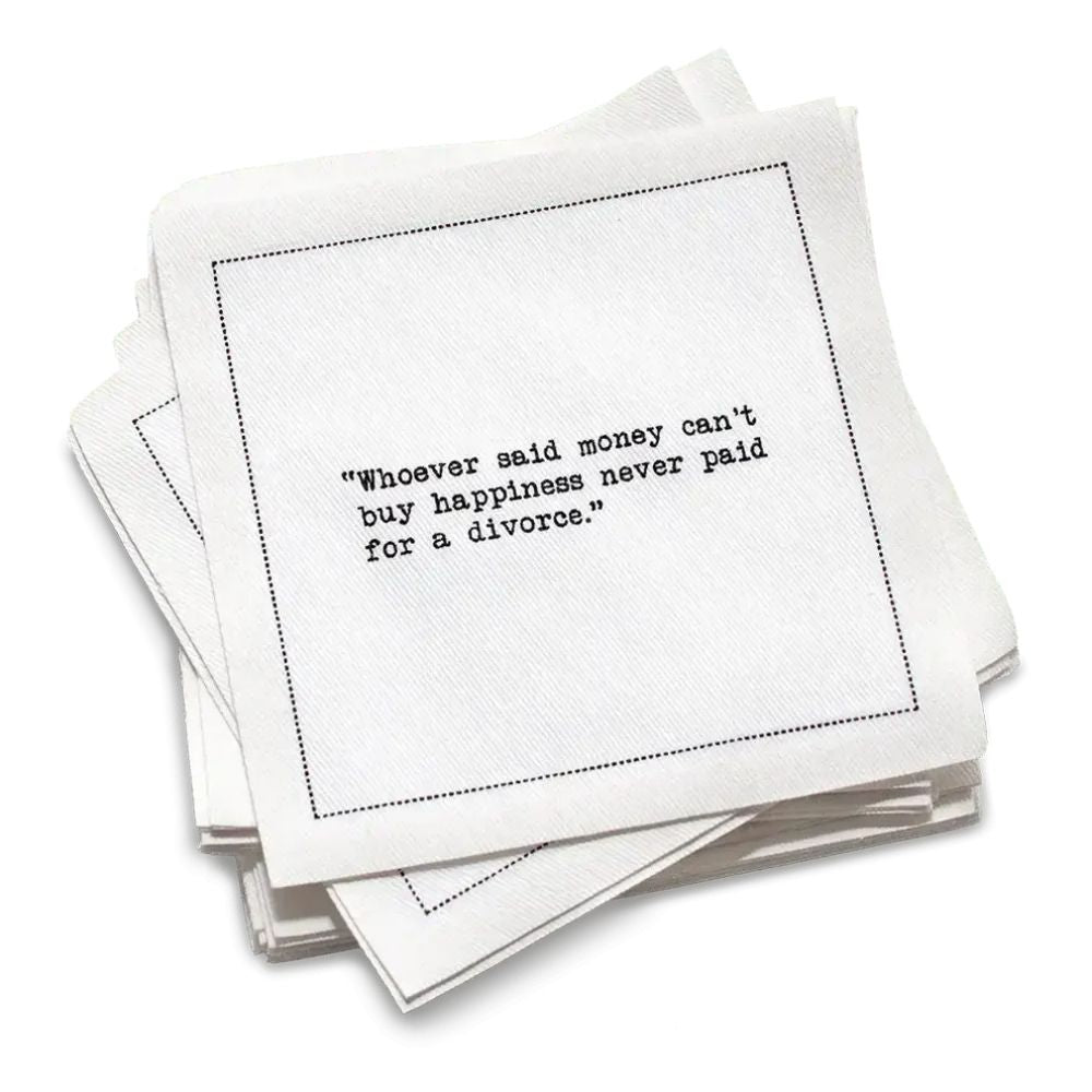 Organic cotton cocktail napkin, white, with black dotted border printed with the Zsa Zsa Gabor quote "He taught me housekeeping; when I divorce I keep the house," from Five Star Napkins' Divorce quote collection