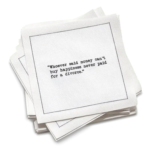 Organic cotton cocktail napkin, white, with black dotted border printed with the Zsa Zsa Gabor quote "He taught me housekeeping; when I divorce I keep the house," from Five Star Napkins' Divorce quote collection