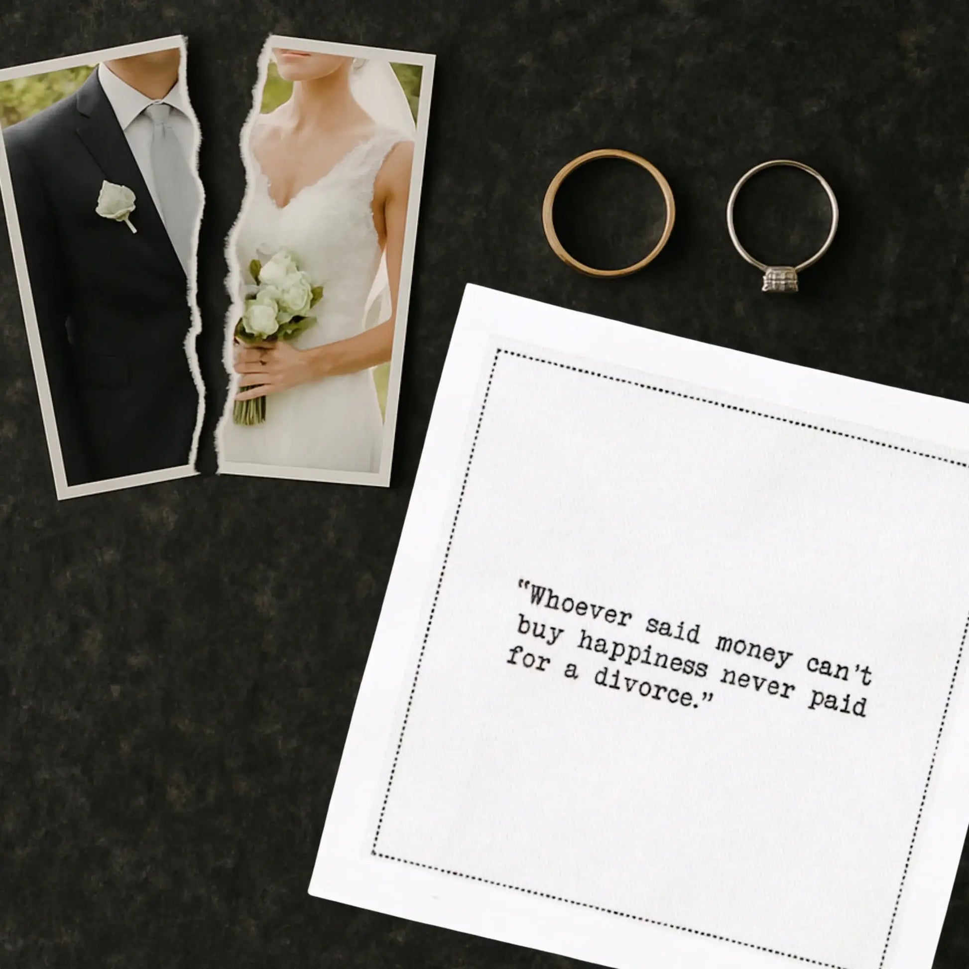 Organic cotton cocktail napkin printed with the quote "Whoever said money can't buy happiness never paid for a divorce," styled next to a torn wedding photo and two wedding rings, from Five Star Napkins' Divorce quote collection