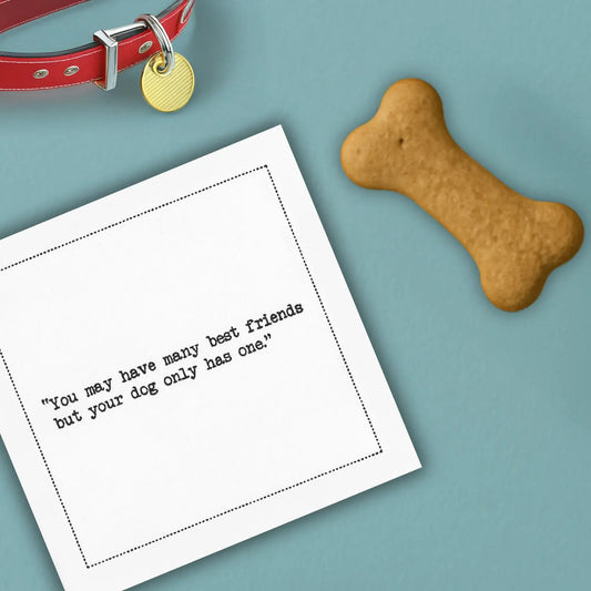 Organic cotton cocktail napkin printed with the quote “You may have many best friends but your dog only has one,” styled with a dog collar and a dog bone treat on a blue background, from Five Star Napkins' Dog quote collection