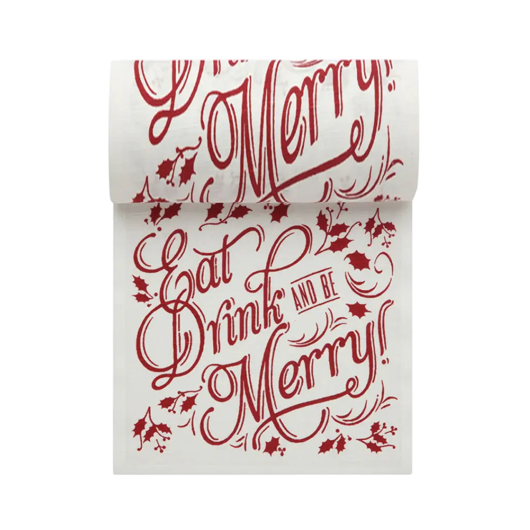 Luxury cotton cocktail napkin with red 'Eat, Drink and Be Merry' lettering and holly design.