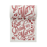 Luxury cotton cocktail napkin with red 'Eat, Drink and Be Merry' lettering and holly design.