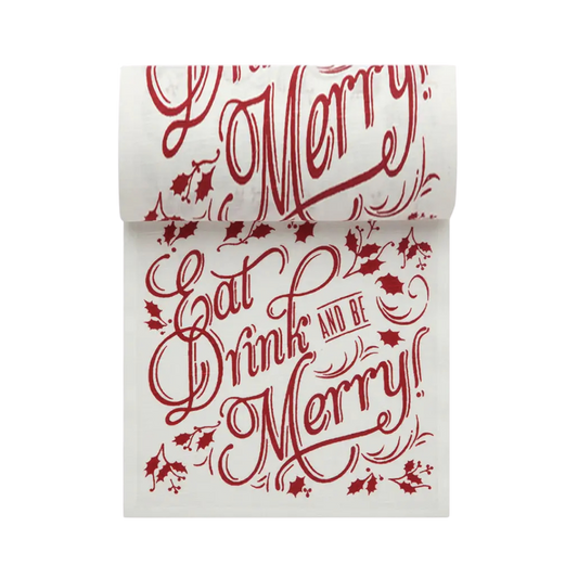 Luxury cotton cocktail napkin with red 'Eat, Drink and Be Merry' lettering and holly design.