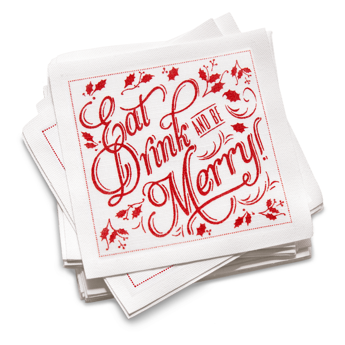 Luxury organic cotton cocktail napkins with red 'Eat, Drink and Be Merry' holiday design.