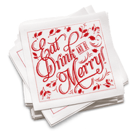 Luxury organic cotton cocktail napkins with red 'Eat, Drink and Be Merry' holiday design.