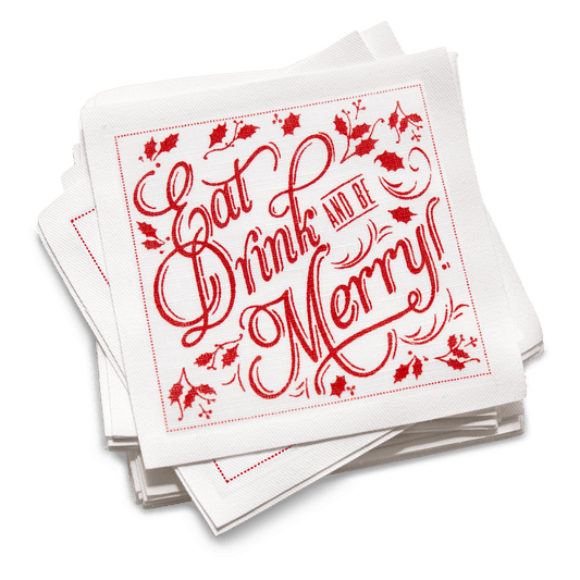 Luxury organic cotton cocktail napkins with red 'Eat, Drink and Be Merry' holiday design.