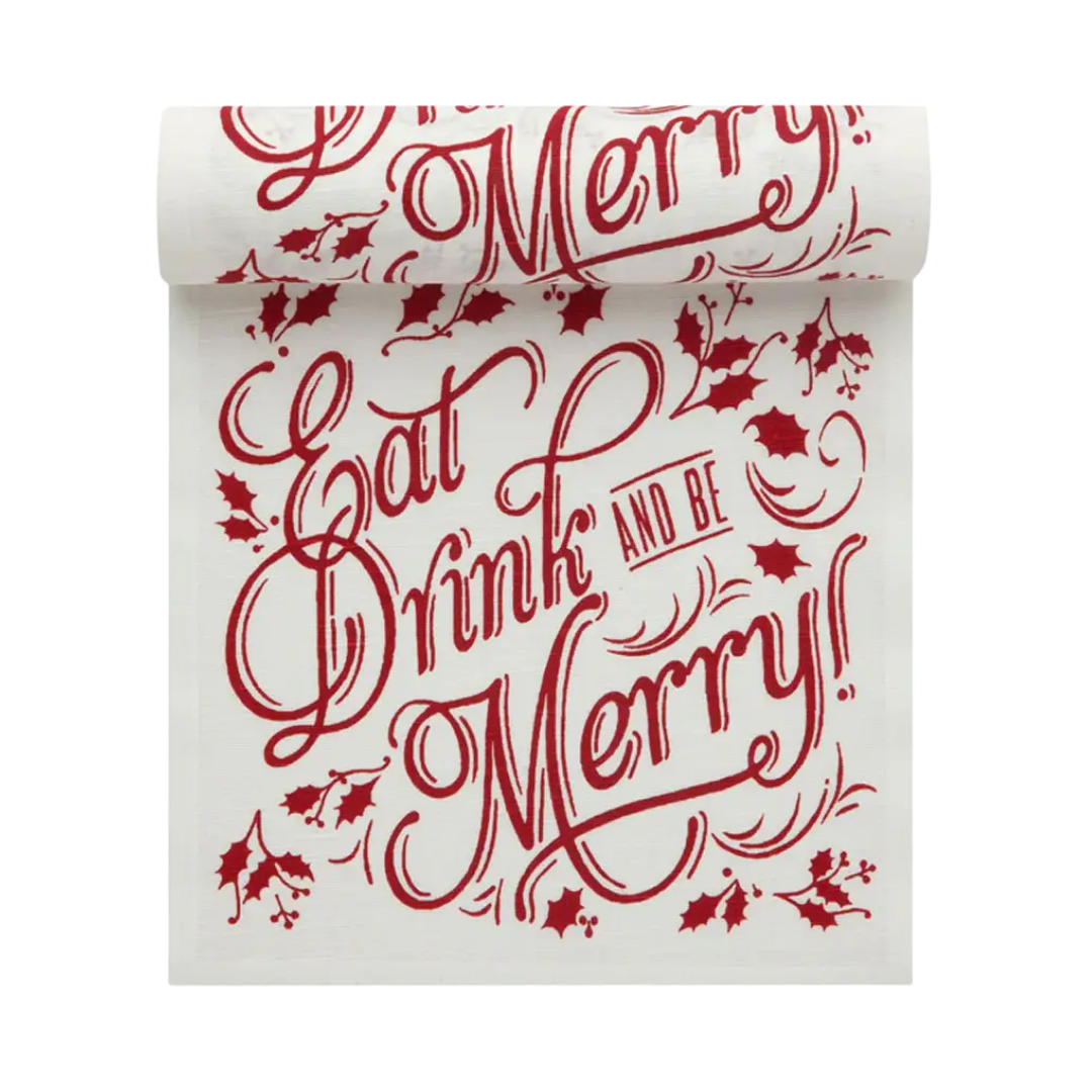 Red and white luxury cocktail napkin with Eat Drink and Be Merry script and holly design
