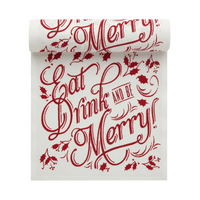 Red and white luxury cocktail napkin with Eat Drink and Be Merry script and holly design