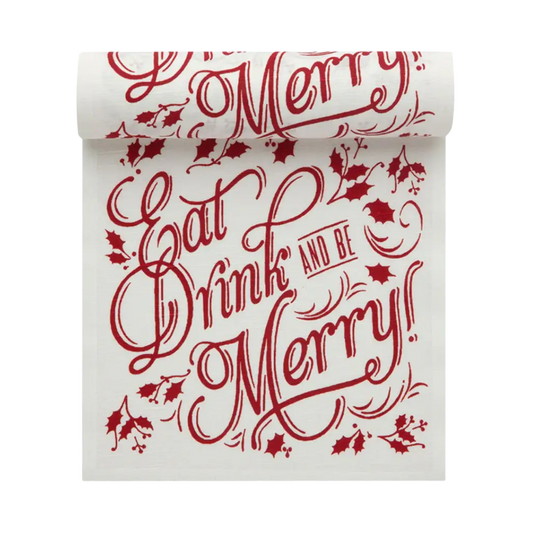 Red and white luxury cocktail napkin with Eat Drink and Be Merry script and holly design