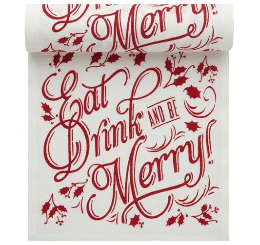 Organic cotton placemat in Persimmon with quote 'Eat Drink and Be Merry!' and holly design