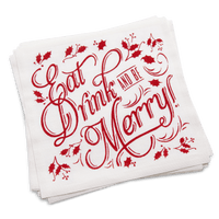 Luxury white cocktail napkin with red 'Eat Drink and Be Merry' holiday design and holly leaves