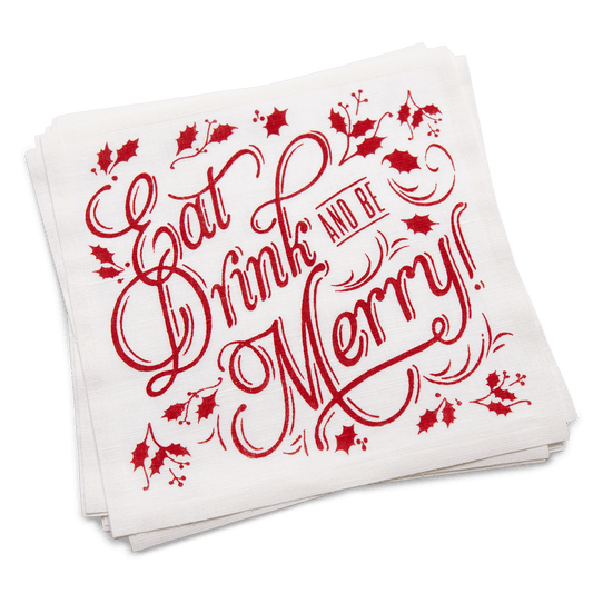 Luxury white cocktail napkin with red 'Eat Drink and Be Merry' holiday design and holly leaves