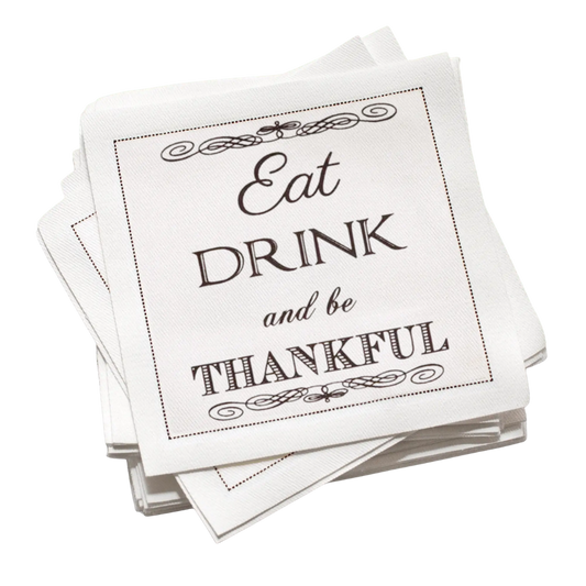 Luxury cocktail napkin stack with 'Eat Drink and be Thankful' text, Five Star Napkins