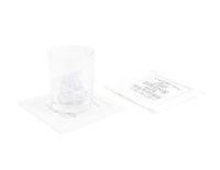 Organic cotton napkin with printed quote 'Eat Drink Be Married' under a glass, stack beside