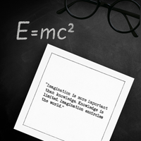 Organic cotton cocktail napkin printed with the quote "Imagination is more important than knowledge. Knowledge is limited. Imagination encircles the world," styled on a chalkboard with glasses and the equation E=mc² written above, from Five Star Napkins' Einstein quote collection