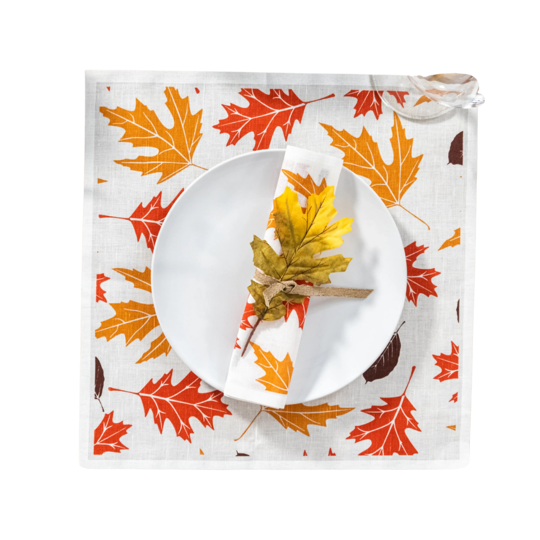 Organic cotton autumn leaf napkin and placemat with white plate, Five Star Napkins