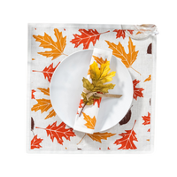 Organic cotton autumn leaf napkin and placemat with white plate, Five Star Napkins