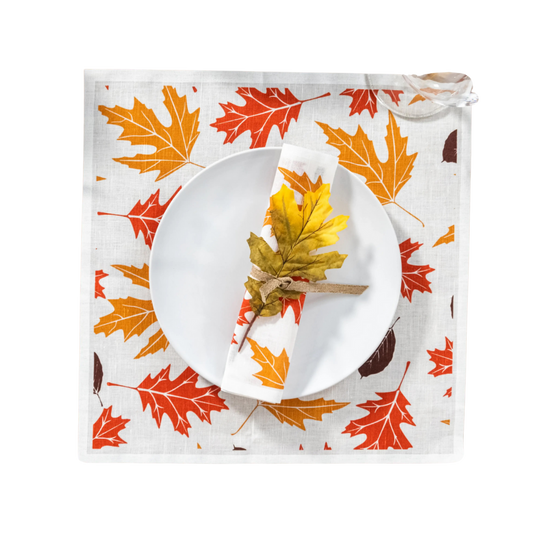 Organic cotton autumn leaf napkin and placemat with white plate, Five Star Napkins