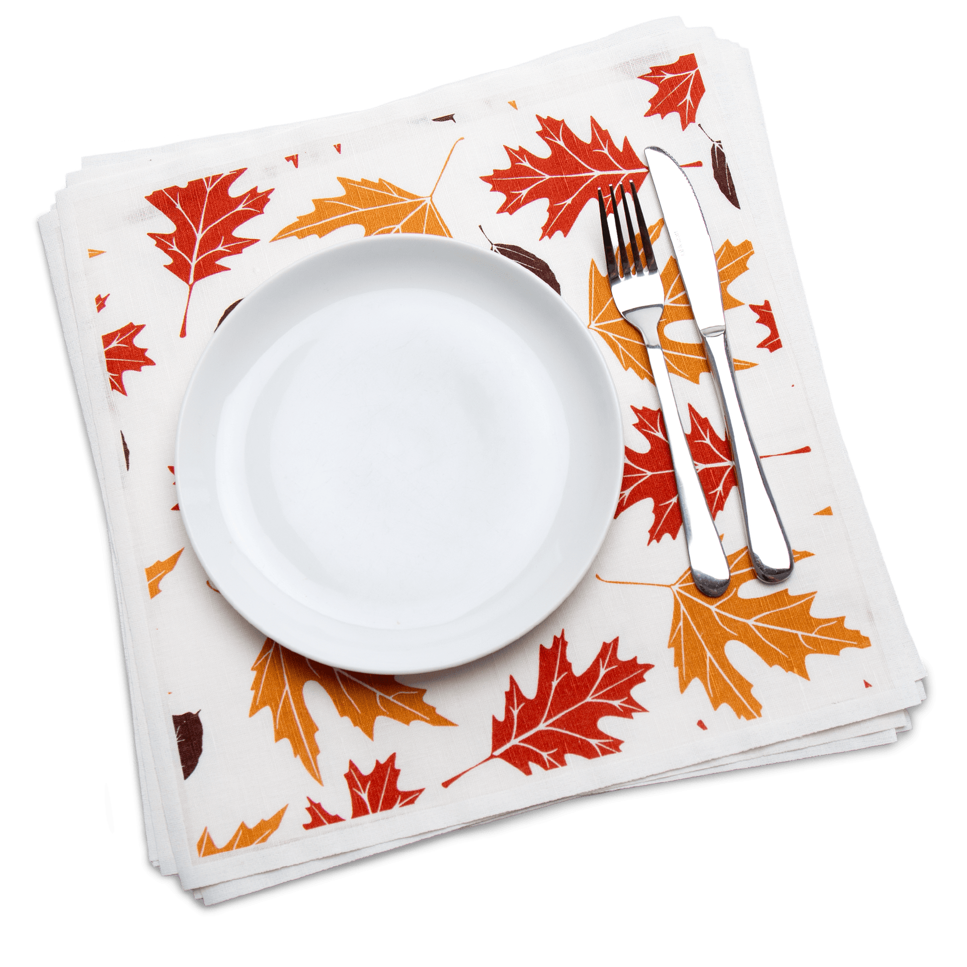 Luxury organic cotton dinner napkin with fall leaf print, plate, and silverware