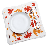 Luxury organic cotton dinner napkin with fall leaf print, plate, and silverware