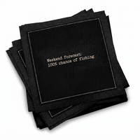 Organic cotton cocktail napkin, black, with white dotted border printed with the quote "Weekend forecast: 100% chance of fishing," from Five Star Napkins' Fishing Quote collection