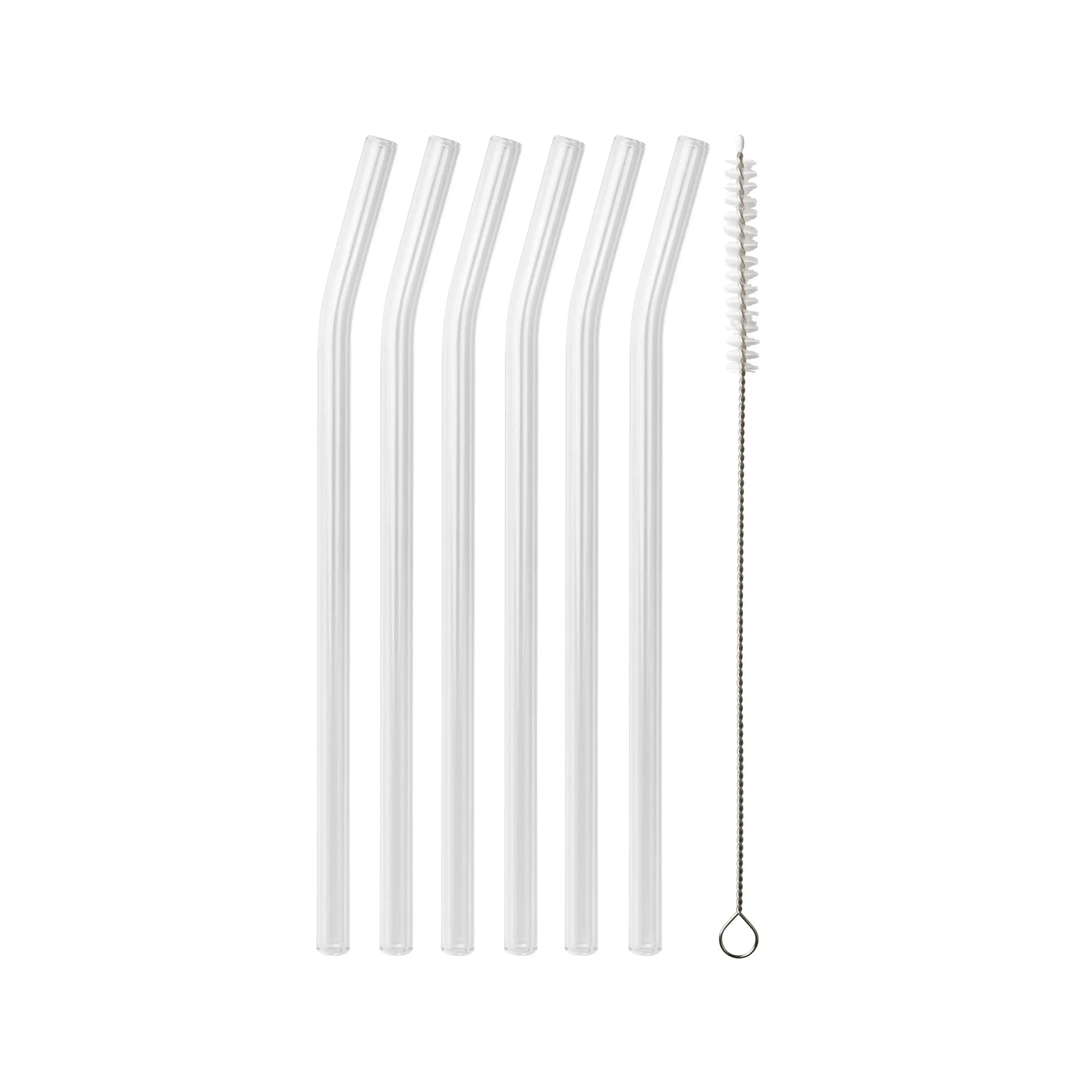 Six frosted, curved glass straws with a cleaning brush, from Five Star Napkins' glass straws collection.
