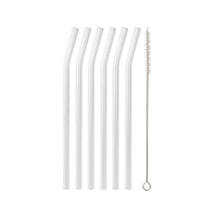 Six frosted, curved glass straws with a cleaning brush, from Five Star Napkins' glass straws collection.