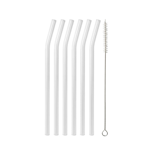Six frosted, curved glass straws with a cleaning brush, from Five Star Napkins' glass straws collection.