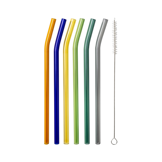 Six curved, multicolored glass straws in orange, blue, yellow, green, teal, and grey with a cleaning brush, flat lay on a light grey background.