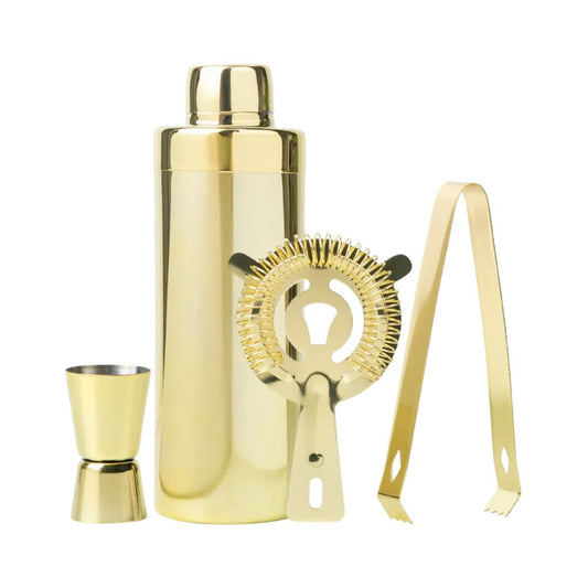 Gold stainless steel cocktail shaker set including a shaker, jigger, strainer, and ice tongs, by Five Star Napkins.