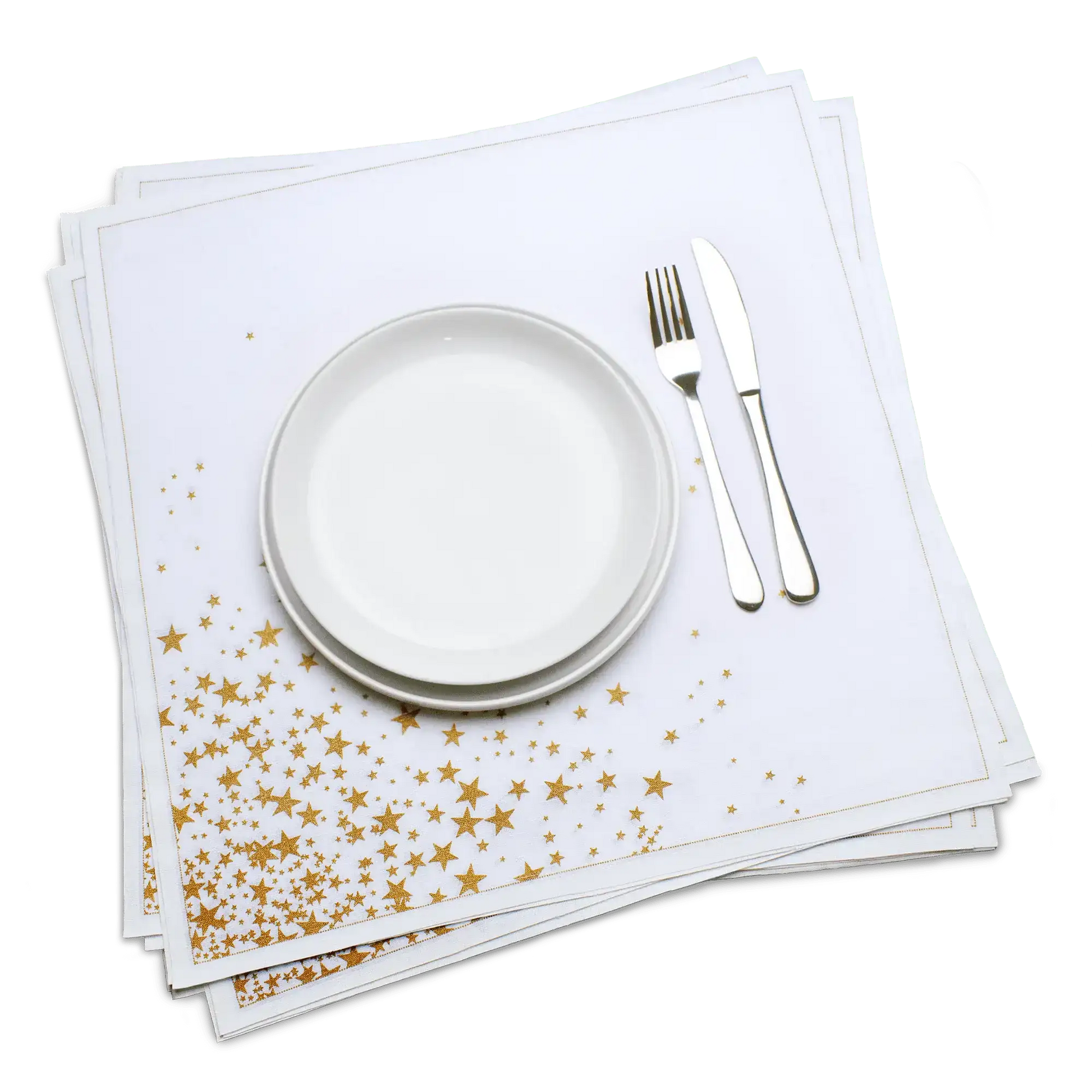 White organic cotton dinner napkin with a gold star print, dressed on a plate with cutlery, by Five Star Napkins.