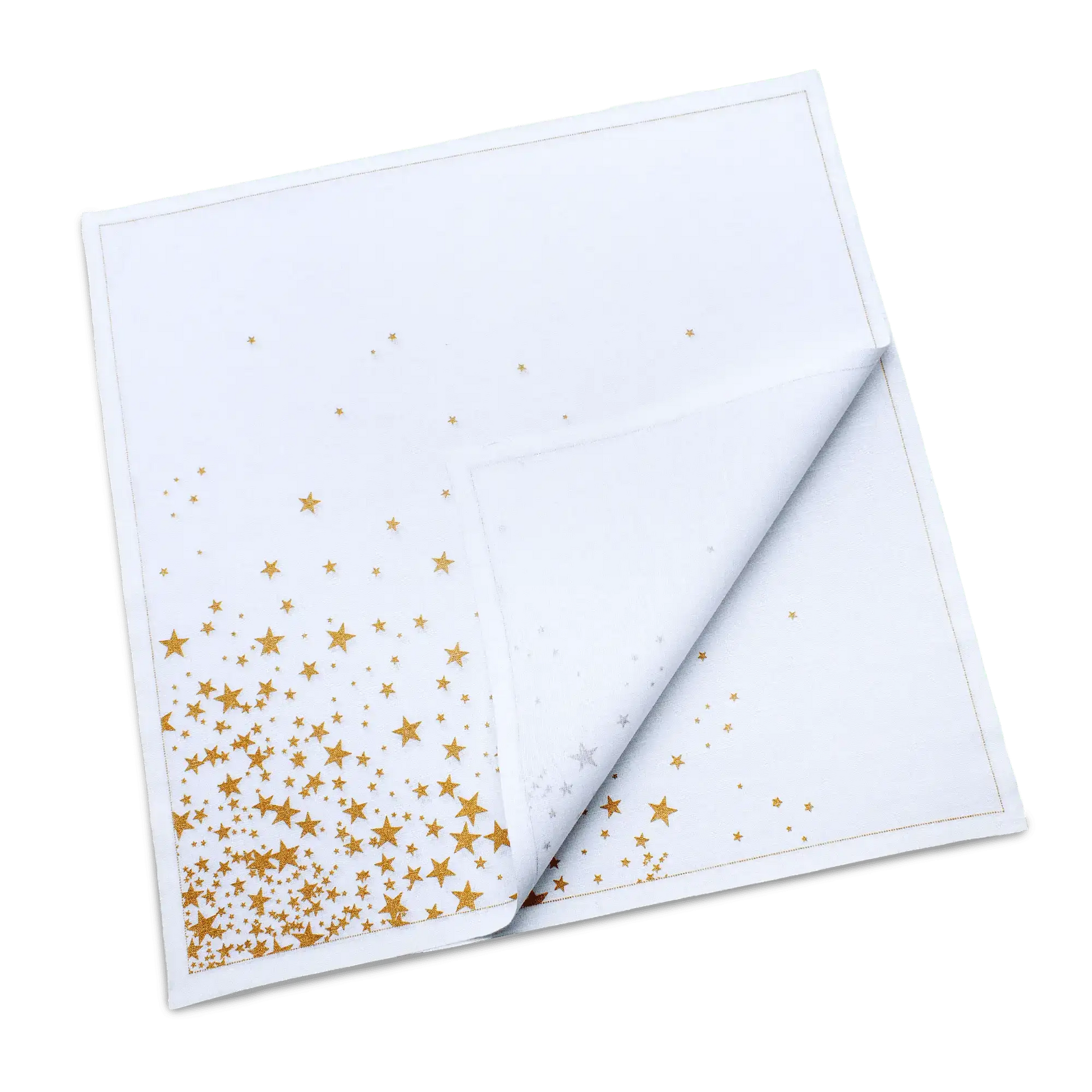 Folded white organic cotton dinner napkin with a gold star print, by Five Star Napkins.