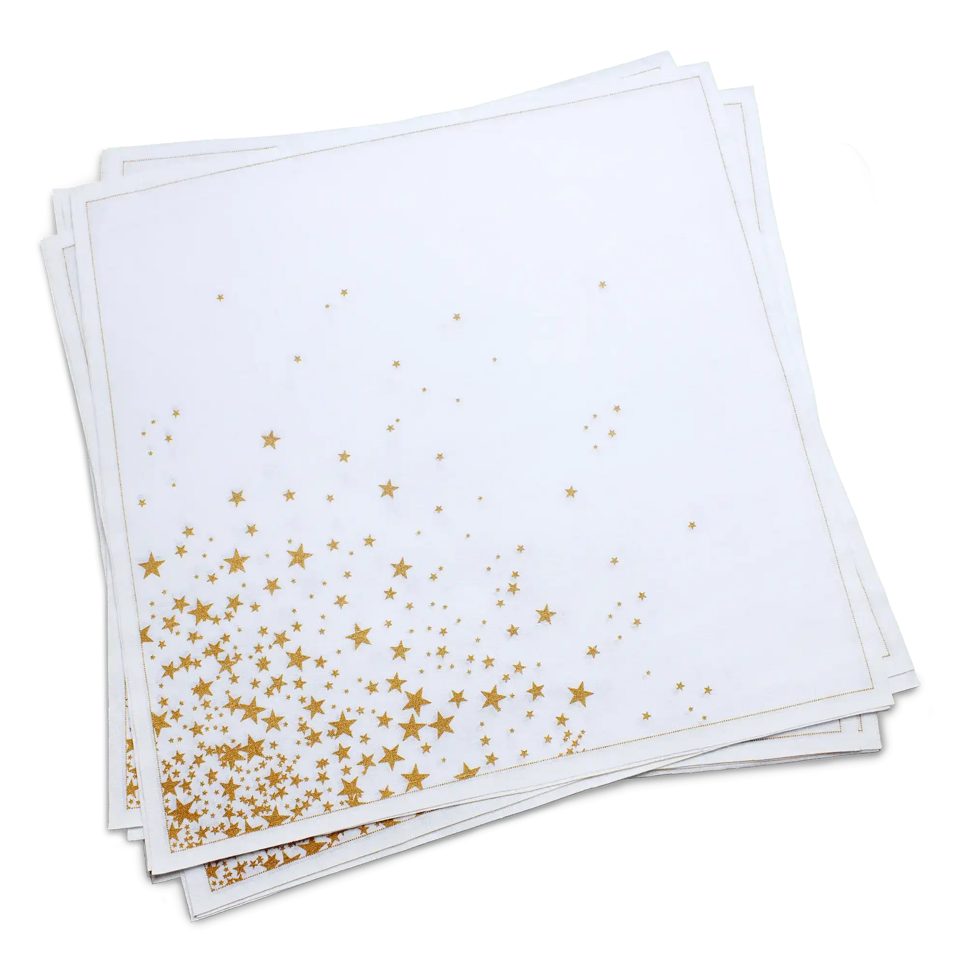 Stack of white organic cotton dinner napkins with a gold star print, by Five Star Napkins.