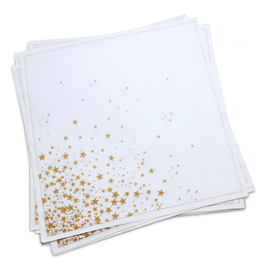Stack of white organic cotton dinner napkins with a gold star print, by Five Star Napkins.