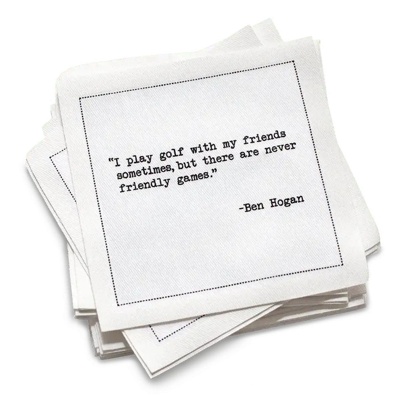 Organic cotton cocktail napkin, white, with black dotted border printed with the Greg Norman quote "Happiness is a long walk with a putter," from Five Star Napkins' Golf Legends quote collection