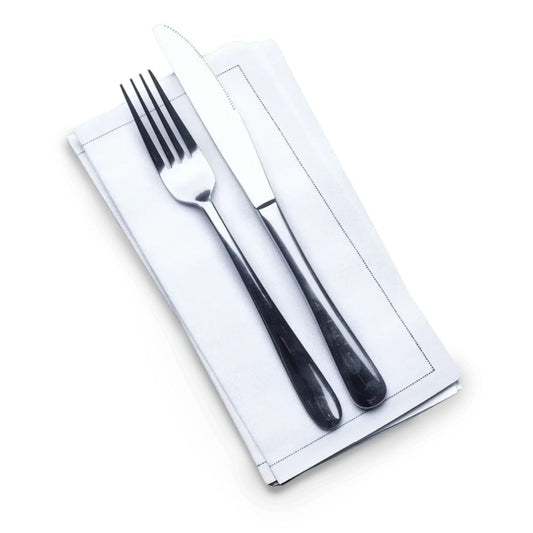 Half-folded white organic cotton cocktail napkin with a fork and knife, by Five Star Napkins.