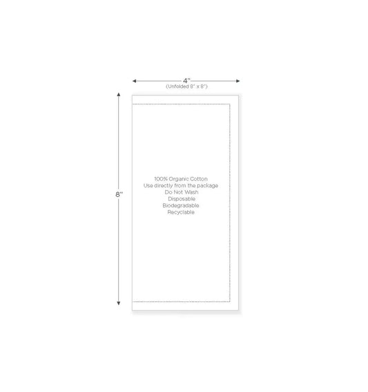 Organic cotton napkin, half-fold, 4 by 8 inches, product info printed at center.