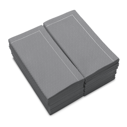 Stack of folded Anthracite Grey organic cotton napkins with textured pattern