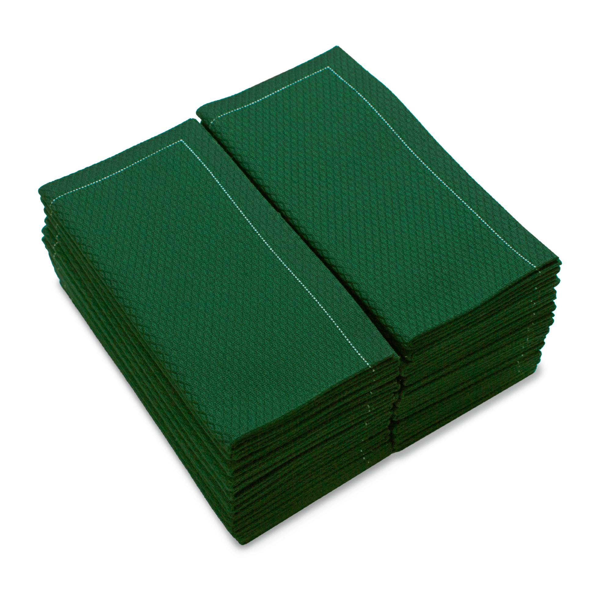 Stack of organic cotton hand towels in British Racing Green, folded neatly in a rectangular pack