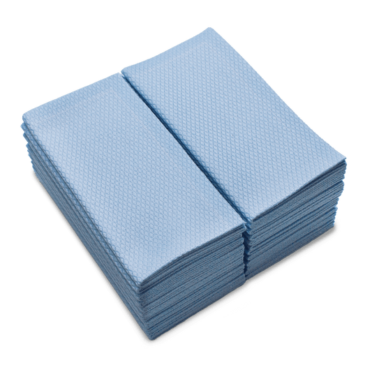 Stack of SkyBlue organic cotton hand towels with textured pattern