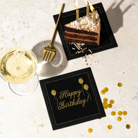 Five Star Napkins Quotes Cocktail Napkins, Black 'Happy Birthday!' in gold text with cake, 100% Organic Cotton, 4.5” x 4.5”, 50 Napkins per pack