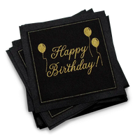 Stack of black organic cotton cocktail napkins with gold “Happy Birthday!” script and balloon design, by Five Star Napkins