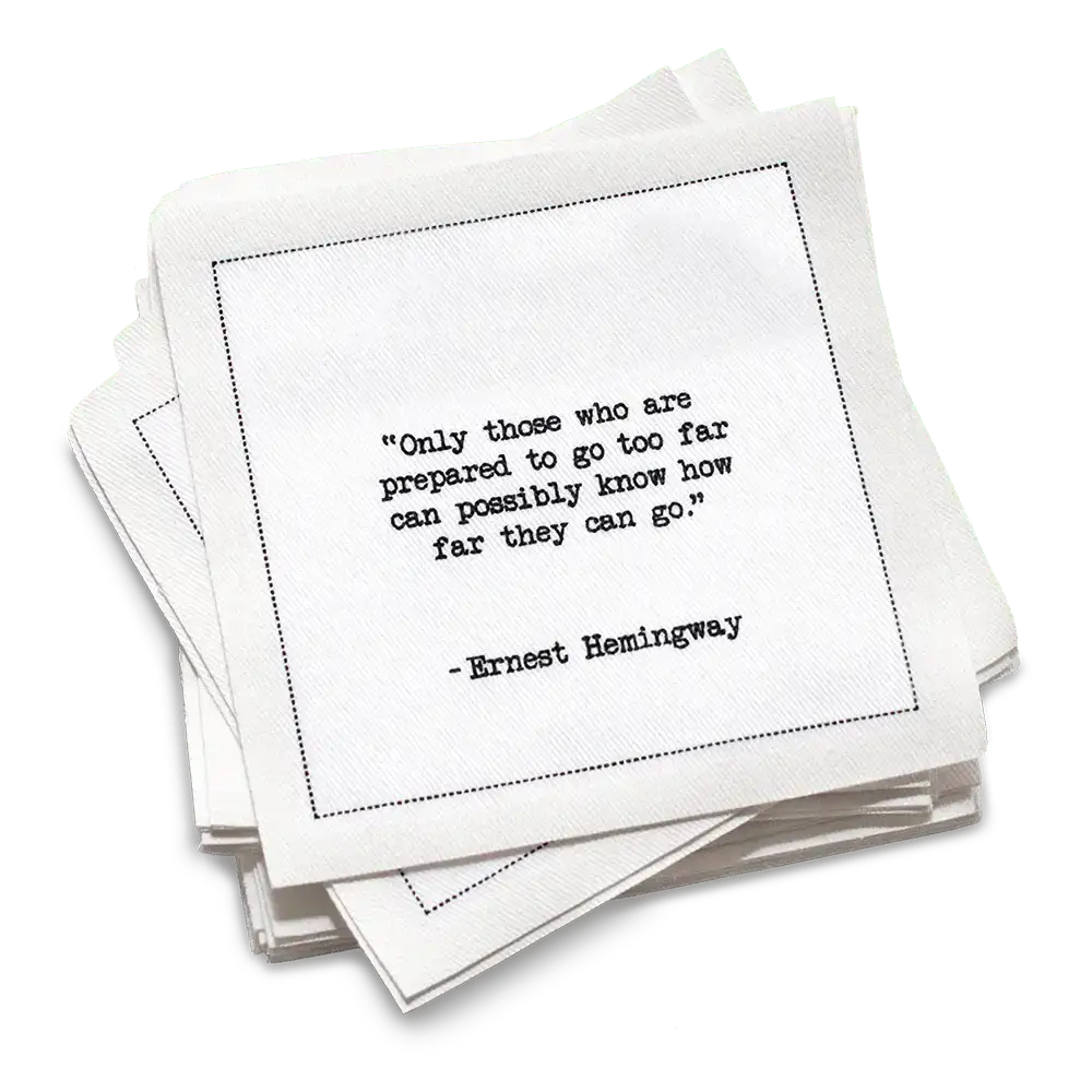 Five Star Napkins White Cotton Cocktail Napkins, stack of white square cocktail napkins with white background, 100% Organic Cotton, 4.5" x 4.5", Single Use, 50 Units Per Pack with 25 Ernest Hemingway Quotes